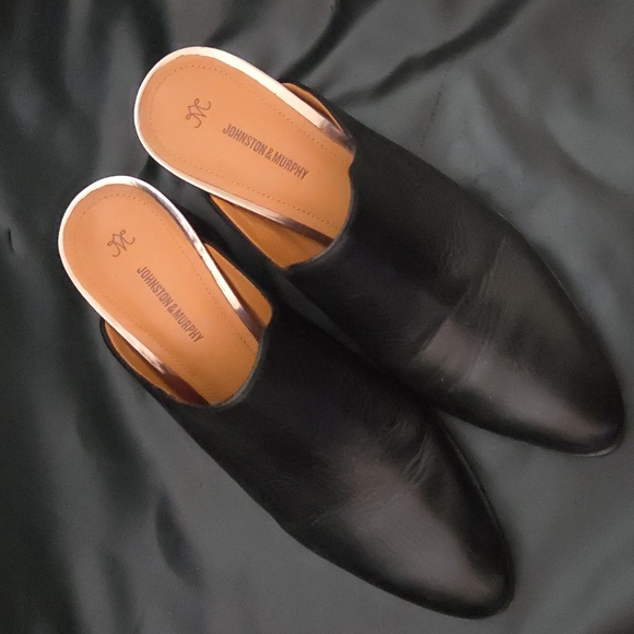 Johnston & Murphy Black 100% Leather Mules Slip On Block Heel 2.5 Shoe SZ 7.5 US - Picture 2 of 11